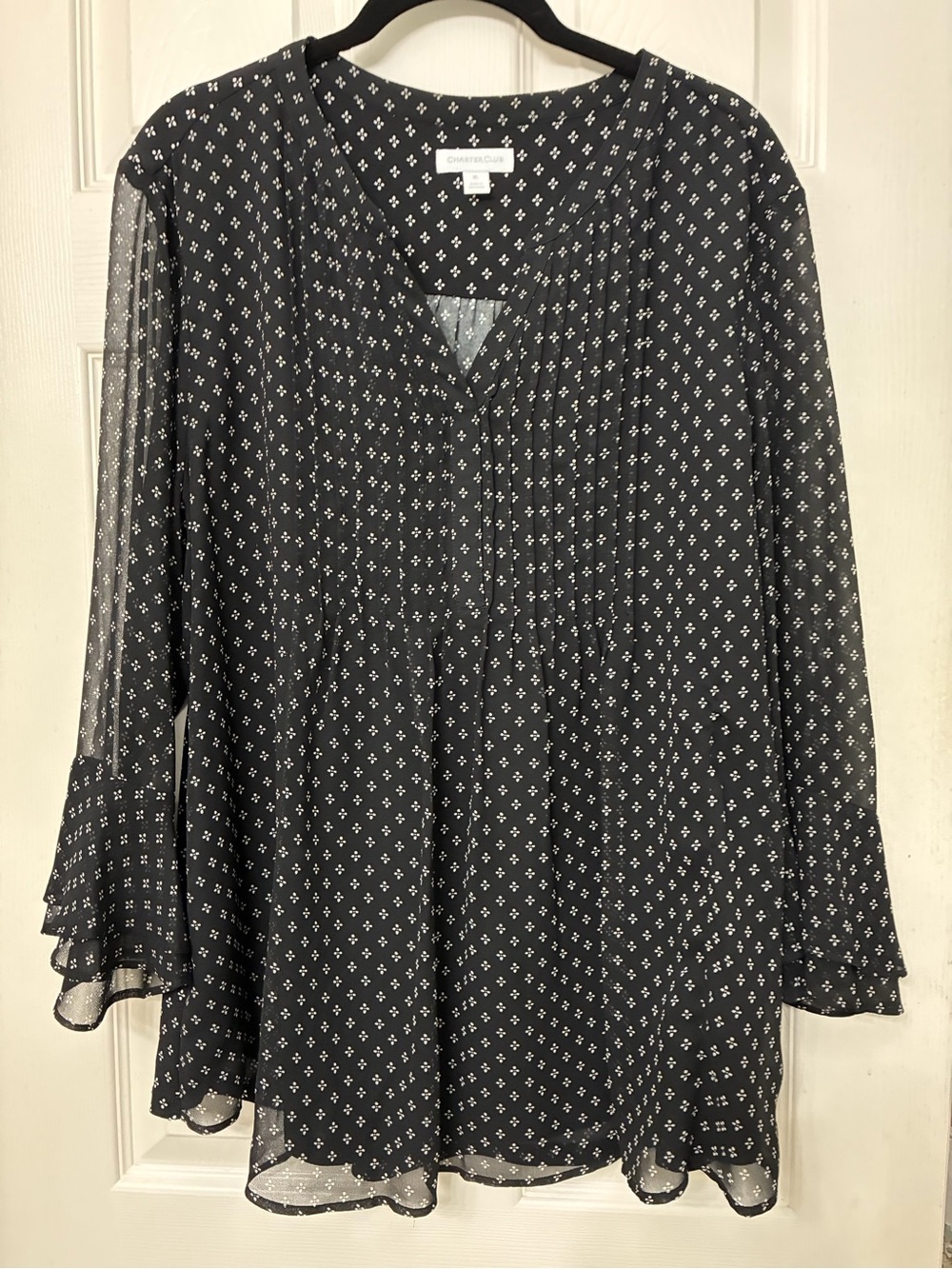 Charter Club Black Printed V-Neck Sheer Tunic